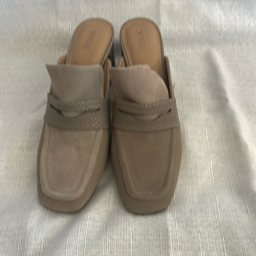 NYDJ suede and snakeskin Penny Loafer mules
